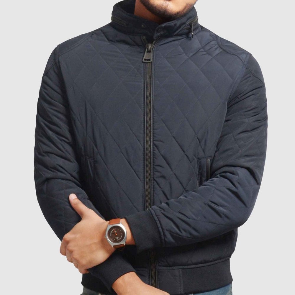 OLGYN Men’s Quilted Navy Blue Bomber Jacket - Picture 1 of 3